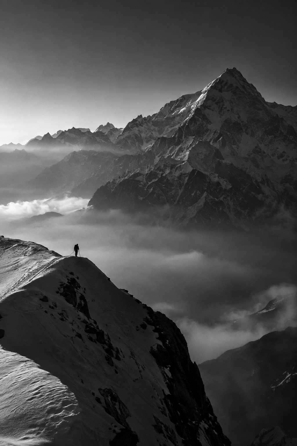 A lone climber on a Himalayan ridge at first light